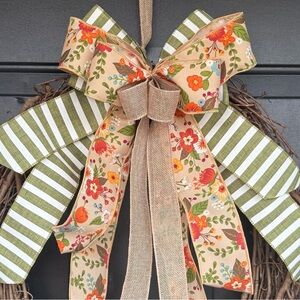 Orange, Sage Green and Burlap Floral Spring Wreath